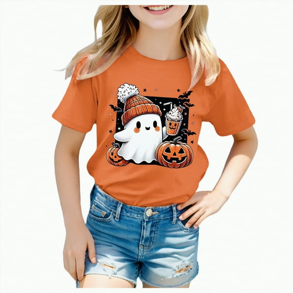 CAUYDY Spooky Season Shirts for Toddler Baby Boys Girls Halloween T-Shirt Ghost Graphic Tees Short Sleeve Tops(A01-Orange,4-5 Y)