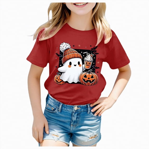 CAUYDY Spooky Season Shirts for Toddler Baby Boys Girls Halloween T-Shirt Ghost Graphic Tees Short Sleeve Tops(A01-Red,3-4 Y)