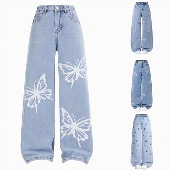 CAUYDY Teen Jeans Baggy Jeans for Youth Girls Graphic Pants Wide Leg Skinny Denim Trousers High Waist Elastic Band Casual with Pockets Sizes 14-15 Years