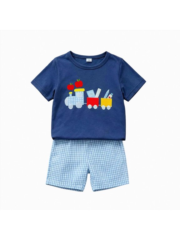 Toddler Baby Boy Back to School Outfit Clothes Short Sleeve Apple Train Embroider Shirts + Plaid Shorts(L101-Blue,4-5 Y)