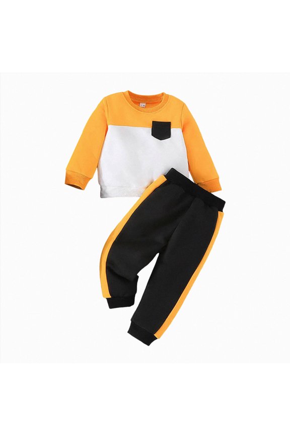 Toddler Baby Boy Fall Outfit Color Block Patchwork Long Sleeve Sweatshirts Elastic Waist Pants Cute Newborn Clothes Set(L101-Yellow,18-24 M)