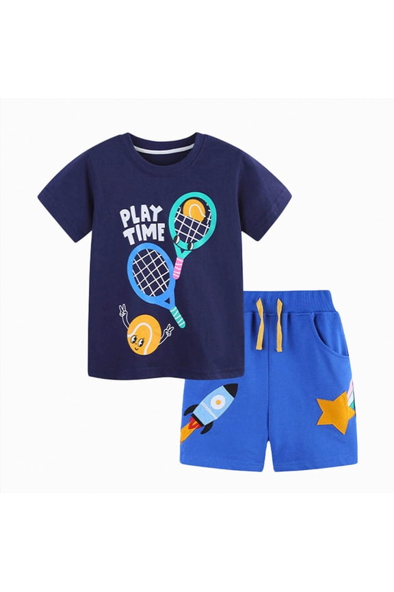 Toddler Baby Boy Summer Outfits Short Sleeve Play Time Tennis Print T-Shirt with Shorts 2Pcs Casual Clothes Set(L101-Blue,1-2 Y)