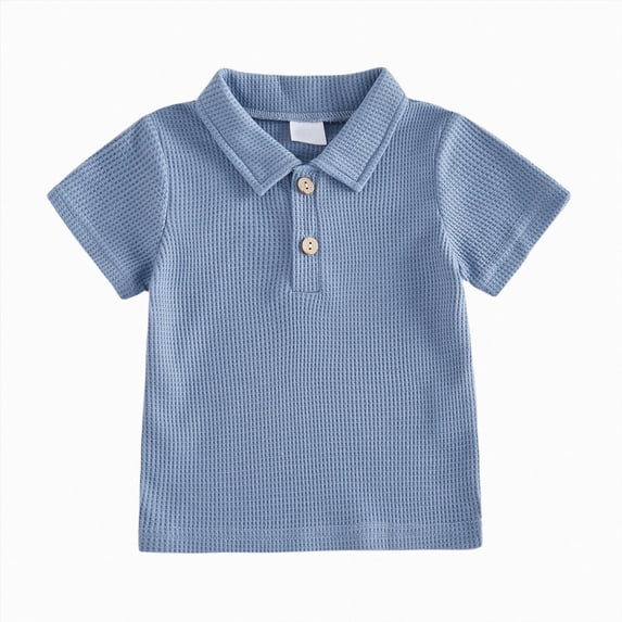 CAUYDY Toddler Baby Boys Summer Outfit Waffle Button Down Collared Short Sleeve Polo T-Shirt Solid Waffle Tops Clothes(L101-Blue,6-12 M)