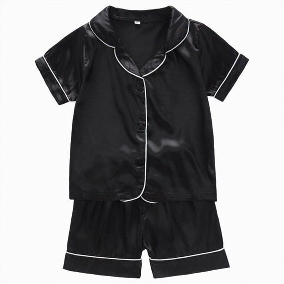 CAUYDY Toddler Baby Cotton Summer Pajamas Set Button Down Short Sleeve Tops Shorts Pjs 2pcs Boy Girl Solid Sleepwear Outfit(L101-Black,3-4 Y)