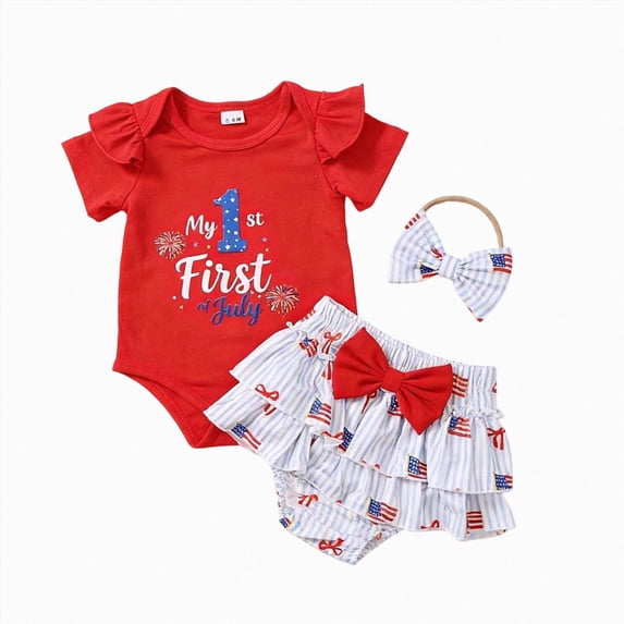 CAUYDY Toddler Baby Girl 4th of July Outfits USA Flag Embroidery Ruffle Top and Shorts Clothes Set Gift for Newborn Infant Girl (Sizes 0-3 Months,Red)