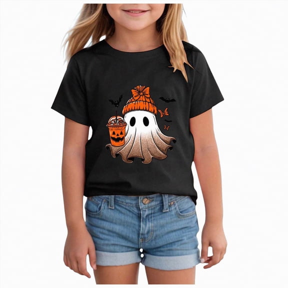 CAUYDY Toddler Baby Girl Halloween Shirt Cute Ghost Pumpki T-Shirt Kids Spooky Season Short Sleeve Tee Fall Tops(Black,9-10 Y)