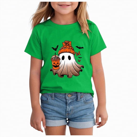 CAUYDY Toddler Baby Girl Halloween Shirt Cute Ghost Pumpki T-Shirt Kids Spooky Season Short Sleeve Tee Fall Tops(Green,5-6 Y)