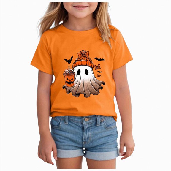 CAUYDY Toddler Baby Girl Halloween Shirt Cute Ghost Pumpki T-Shirt Kids Spooky Season Short Sleeve Tee Fall Tops(Orange,5-6 Y)