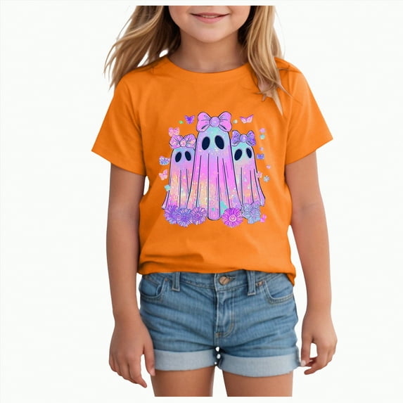CAUYDY Toddler Baby Girl Halloween Shirt Cute Ghost Pumpkin T-Shirt for Kids Short Sleeve Tee Fall Tops(Orange,2-3 Y)