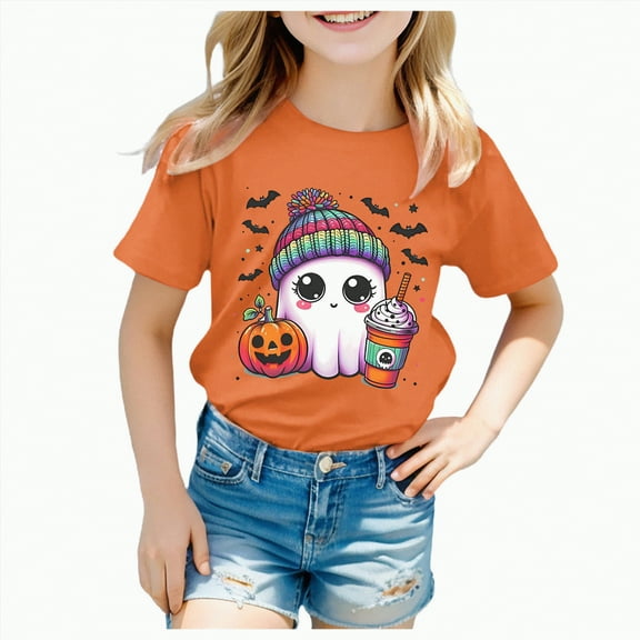 CAUYDY Toddler Baby Girl Halloween Shirt Spooky Ghost Tshirt Spooky Season Short Sleeve Tee Top Kid Fall Clothes(Z01-Orange,3-4 Y)