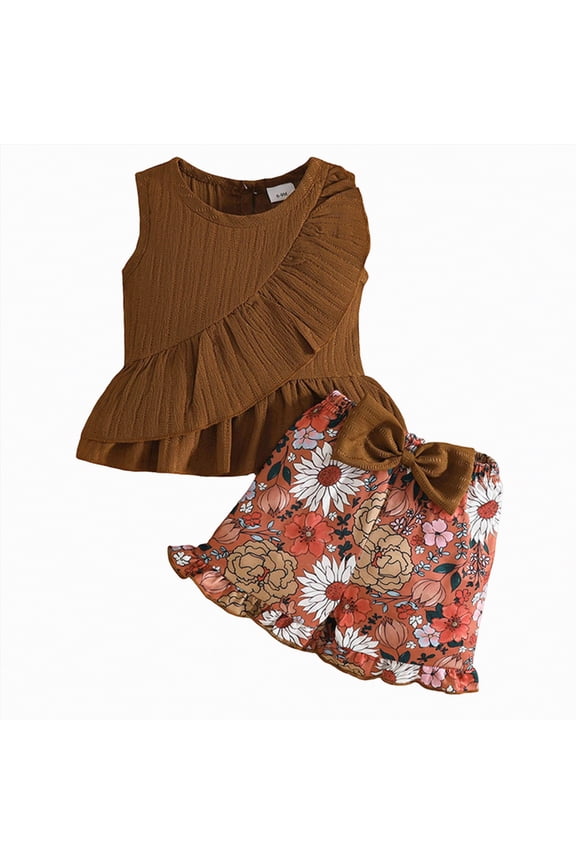 Toddler Baby Girl Summer Clothes Flower Embroidery Sleeveless Smocked Tops and Shorts Set Cute Two Piece Outfit T-Shirt Set 4t 5t 6t 7t (Sizes 6-9 Months,F02-Coffee)