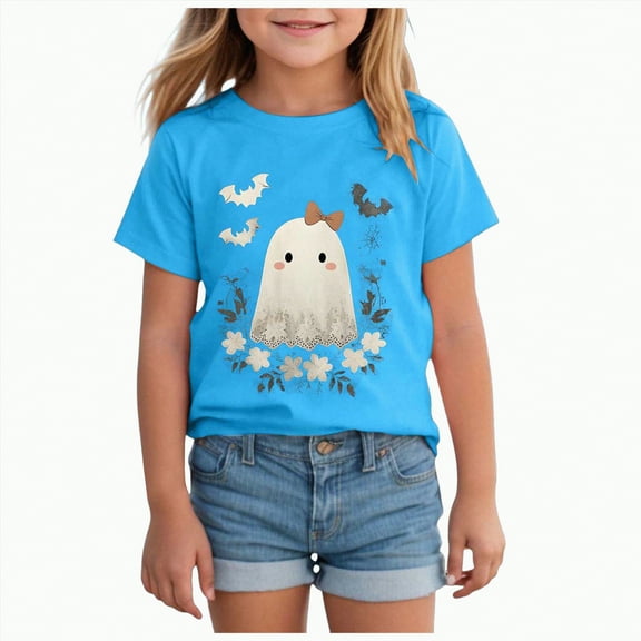 CAUYDY Toddler Baby Girls Boys Halloween Shirts Ghost Pumpkin Graphic T-Shirt Kids Short Sleeve Tee Tops(Blue,9-10 Y)