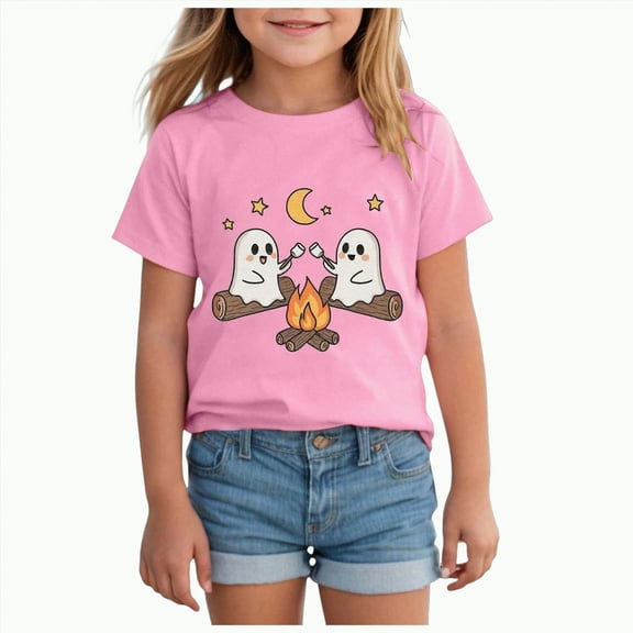 CAUYDY Toddler Baby Girls Halloween Shirts Pumpkin Graphic T-Shirt Ghost Spooky Season Tops Cute Short Sleeve Tees Clothes(Pink,9-10 Y)