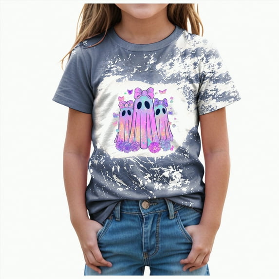 CAUYDY Toddler Baby Girls Halloween T-Shirt Ghost Pumpkin Cute Print Shirt Kids Cute Funny Spooky Season Short Sleeve Tees Top(Blue,5-6 Y)