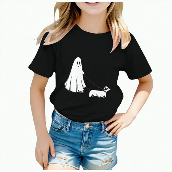 CAUYDY Toddler Baby Girls Halloween T-Shirt Ghost Pumpkin Graphic Shirt Kids Cute Funny Spooky Season Short Sleeve Tees Top(A02-Black,18-24 M)