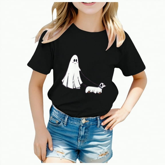 CAUYDY Toddler Baby Girls Halloween T-Shirt Ghost Pumpkin Graphic Shirt Kids Cute Funny Spooky Season Short Sleeve Tees Top(A02-Black,4-6 Y)
