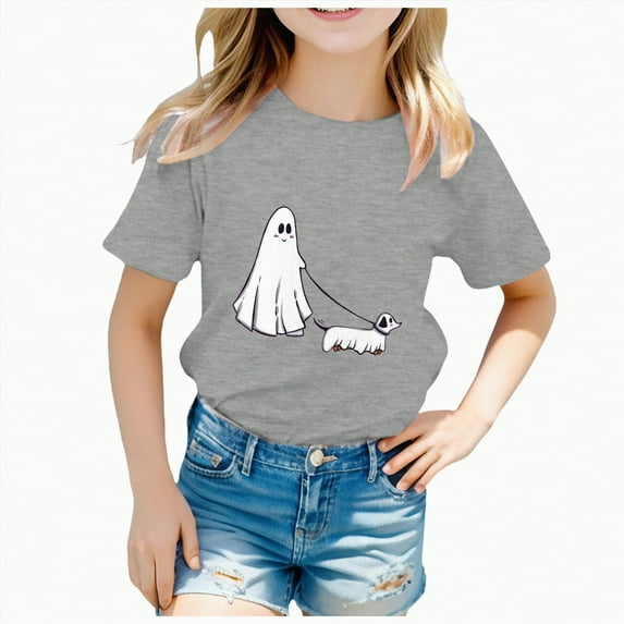 CAUYDY Toddler Baby Girls Halloween T-Shirt Ghost Pumpkin Graphic Shirt Kids Cute Funny Spooky Season Short Sleeve Tees Top(A02-Grey,10-12 Y)