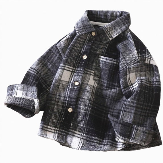 CAUYDY Toddler Boy Flannel Plaid Shirt Kids Long Sleeve Button Down Jacket Lapel Pocket Top Regular Fit Casual Fall Clothes(L101-Black,12-18 M)