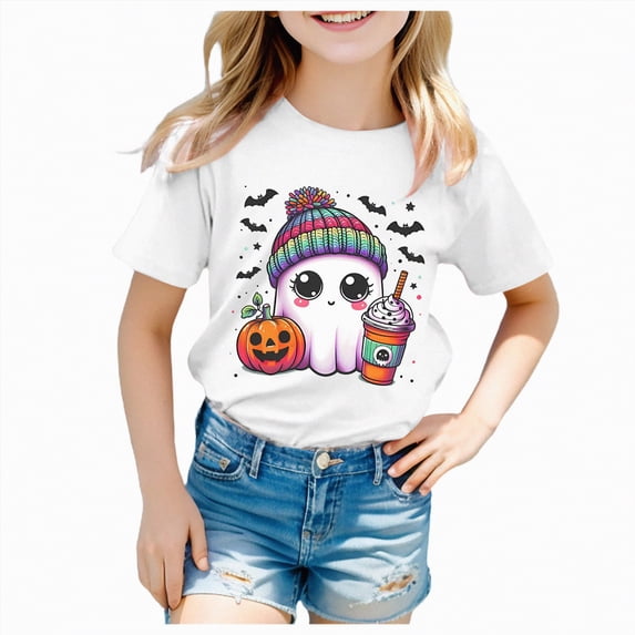 CAUYDY Toddler Boys Girls Halloween T-Shirt Kid Pumpkin Short Sleeve Shirts Skeleton Graphic Clothes Tee Tops(White,4-5 Y)