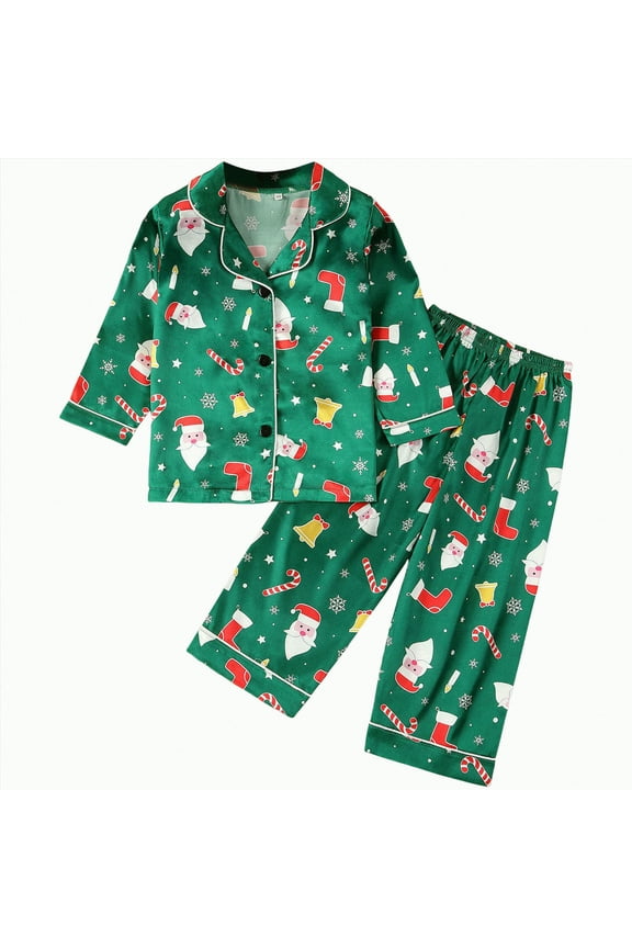 Toddler Girl Boy Christmas Pajamas Santa Claus Button Down 2 Piece Pajama Set Little Kids Christmas Pjs Nightgown(Green,5-6 Y)