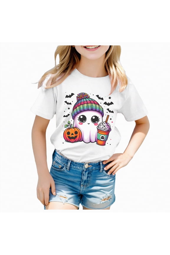 Toddler Girl Halloween Shirt Cutest Pumpkin in The Patch T-Shirt Spooky Season Pumpkin Graphic Short Sleeve Tee Tops(Z01-White,8-9 Y)