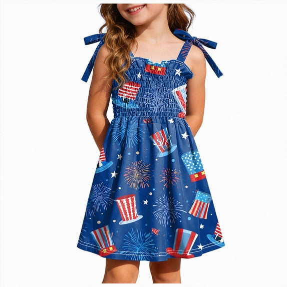 CAUYDY Toddler Girls 4th of July Outfits Newborn Patriot Independent Day Clothes Baby Spring Fall Summer Dresses 1-6 Years Kids Sleeveless Smocked Dress (Sizes 4-5 Years,Navy)