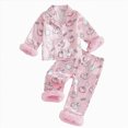 thumbnail image 1 of CAUYDY Toddler Girls Halloween Pajamas Fuzzy Trim Button Down Cute Pumpkin Ghost Print Long Sleeve Shirt Elastic Pants 2 Piece Satin Pajama Set(L101-Red,18-24 M), 1 of 4