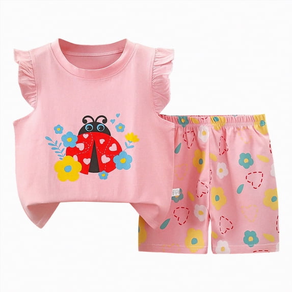 CAUYDY Toddler Girls Summer Outfit Cotton Kids Pajamas Set 2Pcs Baby Girl Ruffled Short Sleeves and Shorts Set Little Girls Summer Clothes for 6-24M 3T 4T 5T (Sizes 3-6 Months,D1-Pink)