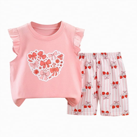 CAUYDY Toddler Girls Summer Outfit Cotton Kids Pajamas Set 2Pcs Baby Girl Ruffled Short Sleeves and Shorts Set Little Girls Summer Clothes for 6-24M 3T 4T 5T (Sizes 3-4 Years,D1-Light Pink)