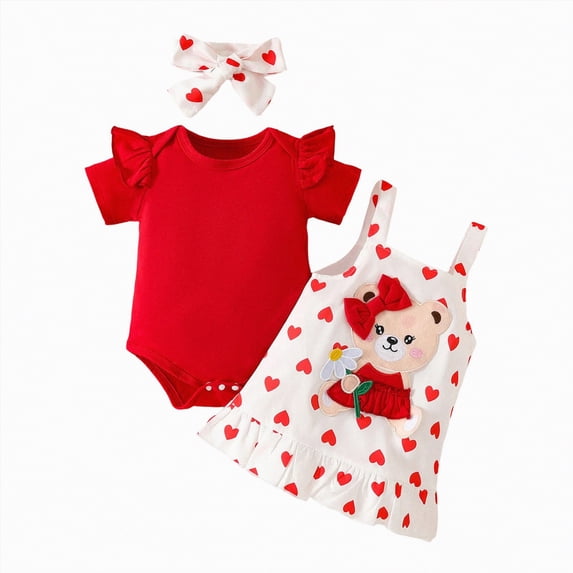 CAUYDY Toddler Girls Summer Outfits Set Infant Baby Ruffle Sleeve Romper + Cute Print Suspender Skirt + Headband 3 Piece Clothing for Newborn Girl 3-24Months (Sizes 9-12 Months,H3-Red)