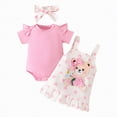 thumbnail image 1 of CAUYDY Toddler Girls Summer Outfits Set Infant Baby Ruffle Sleeve Romper + Cute Print Suspender Skirt + Headband 3 Piece Clothing for Newborn Girl 3-24Months (Sizes 12-18 Months,H3-Pink), 1 of 9