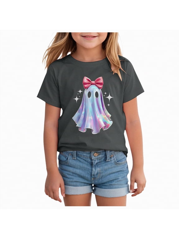 Toddler Halloween Shirt Baby Boys Girls Ghost Tshirt Short Sleeve Tee Tops Spooky Season Fall Clothes(Grey,6-7 Y)