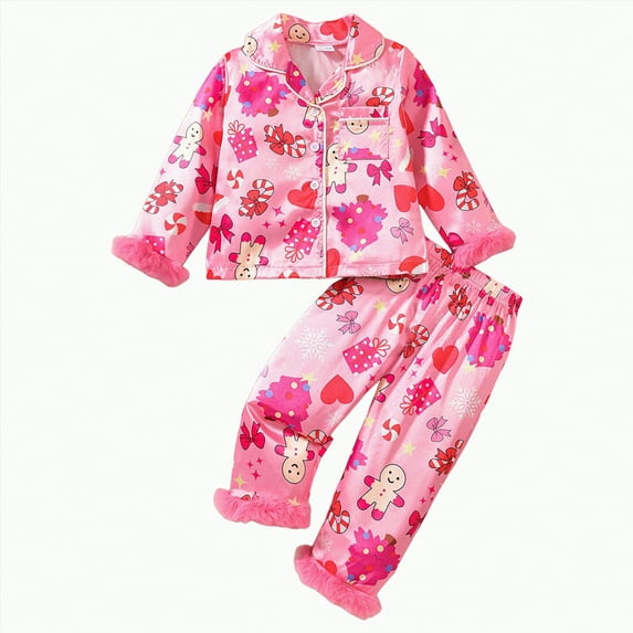 CAUYDY Toddler Kids Little Girls Christmas Satin Pajamas Santa Bow Print Feather Trim Sleeve Button Down Sleepwear Pjs Set(Pink,2-3 Y)