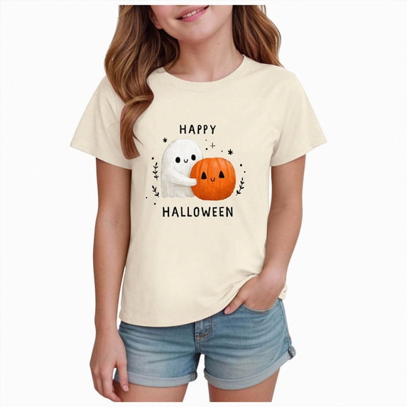 CAUYDY Toddler Pajama Girls Halloween Short Sleeve Top Sleepwear Cute Pumpkin Ghost Print Kids Loungewear Sizes 1-2 Years