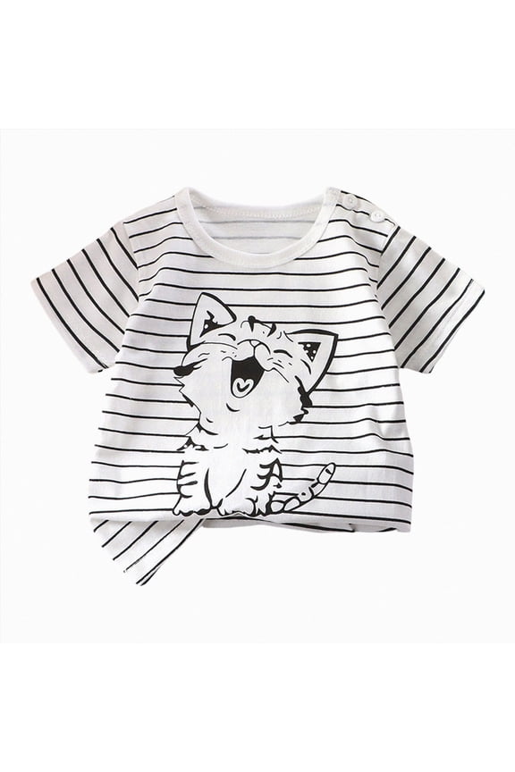 Toddler Summer Boys Girls T-Shirts Stripe Happy Baby Cat Print Cotton Unisex Top(L101-Black,5-6 Y)