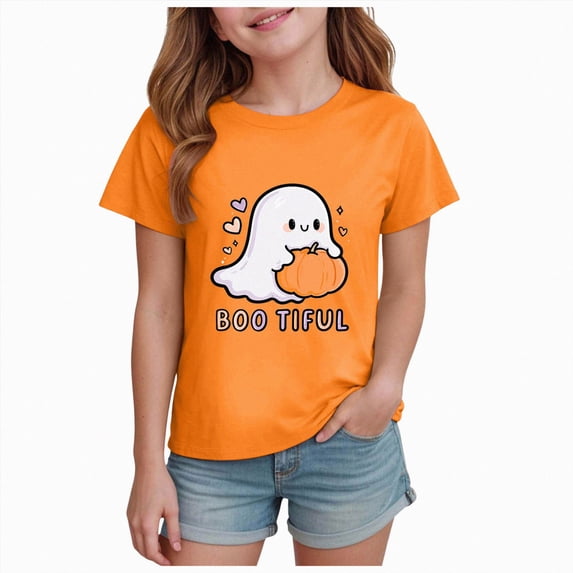 CAUYDY Toddler T-Shirts Halloween Cartoon Ghost Printed Short Sleeve Tops for Girls Casual Fall Shirts Orange Sizes 3-4 Years