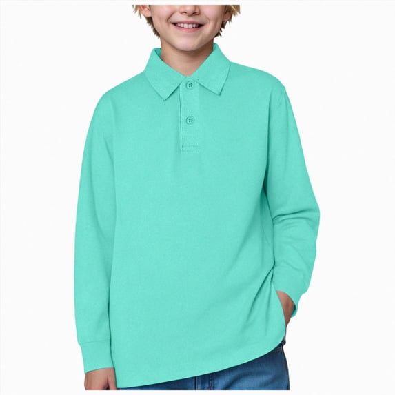 CAUYDY Toddler to Youth Boys' School Uniform Casual Polo Shirts Kids Long Sleeve Collared Golf Shirt(L101-Green,14-15 Y)
