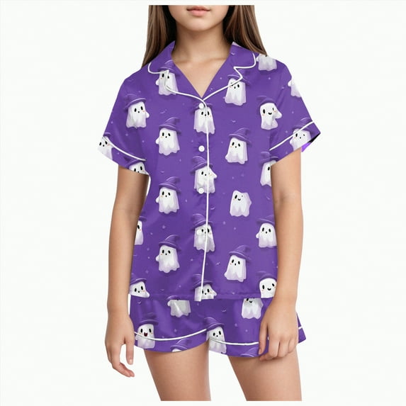 CAUYDY Toddlers Halloween Pajamas Baby Kids Boy Girl Pumpkin Pajama Set Ghost Pjs Jammies Button Down Lounge Sleepwear(Purple,8-9 Y)