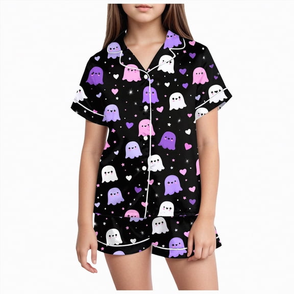 CAUYDY Toddlers Halloween Pajamas Baby Kids Boy Girl Pumpkin Pajama Set Ghost Pjs Jammies Button Down Lounge Sleepwear(Z02-Dark Purple,12-13 Y)