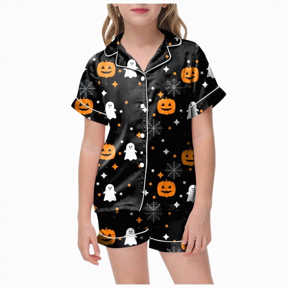 CAUYDY Toddlers Halloween Pajamas Baby Kids Boy Girl Pumpkin Pajama Set Ghost Pjs Jammies Button Down Lounge Sleepwear(Z03-Black,6-7 Y)