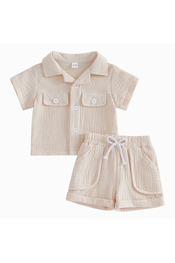 Toddlers and Baby Boys' Summer Clothes Infant Boy Button-town Shirt and Short Set Outfits(L101-Beige,2-3 Y)
