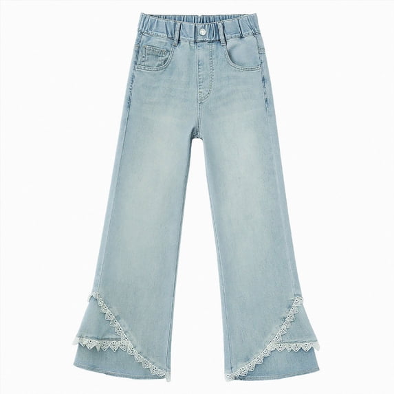 CAUYDY Tween Flared Jeans for Girls Cute Print Elastic Waist Bell Bottom Trousers Lightweight Baggy Wide Leg Denim Pants with Pockets Sizes 13-14 Years