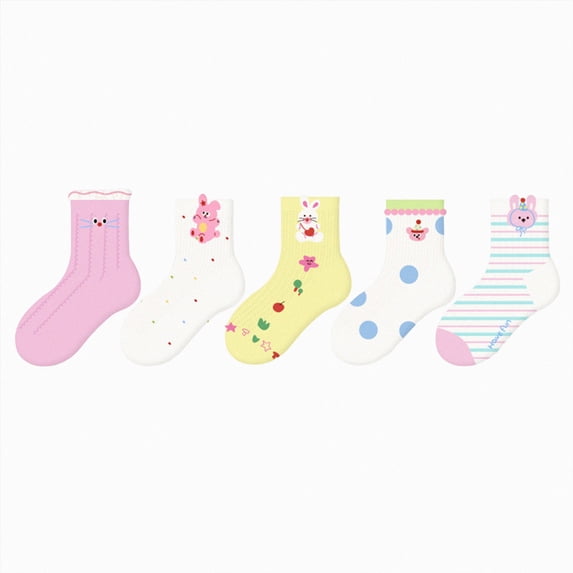 CAUYDY Tween Girls Ruffle Socks 5PC Set 9Y 10Y 11Y 12Y Teen Fall Winter Floor Socks Cute Cartoon Print Mid Cut Sizes 9-12 Years