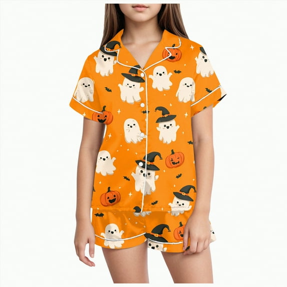 CAUYDY Unisex Satin Pajamas Set Boys Girls Silk Pjs Short Sleeve 2 Piece Sleepwear Button-Down Kids Nightwear(Yellow,8-9 Y)