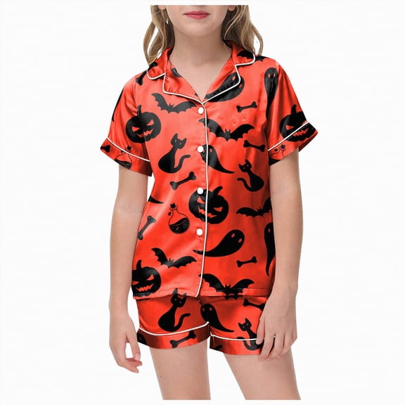 CAUYDY Unisex Satin Pajamas Set Boys Girls Silk Pjs Short Sleeve 2 Piece Sleepwear Button-Down Kids Nightwear(Z06-Red,6-7 Y)