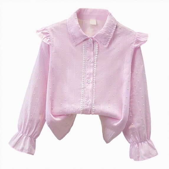 CAUYDY Western Girls Button Down Shirt Ruffle Long Sleeve Blouse Pretty Top for Kids Back to School Wear Pink Sizes 9-10 Years