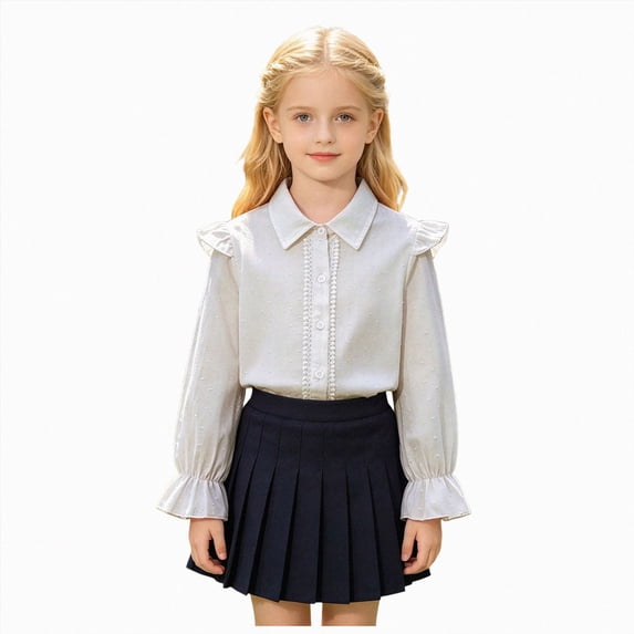 CAUYDY Western Girls Button Down Shirt Ruffle Long Sleeve Blouse Pretty Top for Kids Back to School Wear White Sizes 7-8 Years