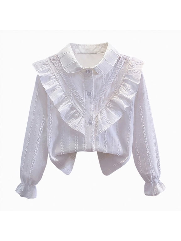 Western Girls School Shirts Kids Long Sleeve Button Down Ruffle Top, Collared Uniform Blouse for Graduation White Sizes 9-10 Years