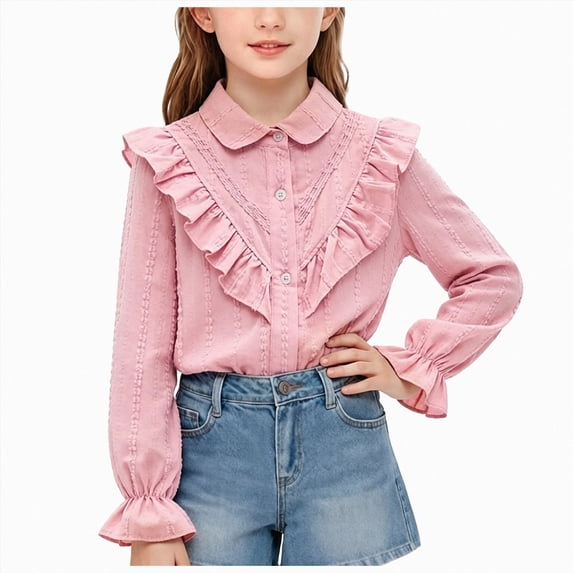CAUYDY Western Girls School Shirts Teen Long Sleeve Button Down Ruffle Top, Collared Uniform Blouse for Graduation Pink Sizes 13-14 Years