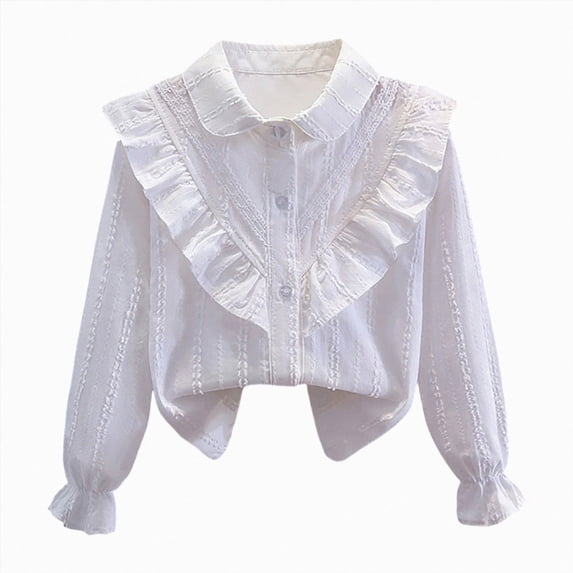 CAUYDY Western Girls School Shirts Teen Long Sleeve Button Down Ruffle Top, Collared Uniform Blouse for Graduation White Sizes 15 Years